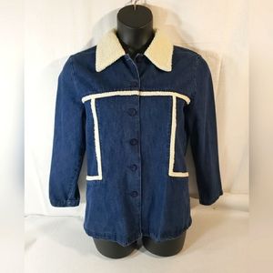 Size M Coat, Ladies 100% Cotton, Denim Blue Jean Jacket, Sherpa Collar, Preowned